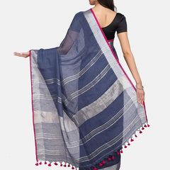 Handloom Linen Cotton Blend Contrast Bhagalpuri Saree for Women (Egyptian_Blue-Pink) - View 4