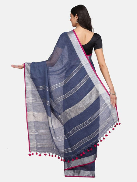Handloom Linen Cotton Blend Contrast Bhagalpuri Saree for Women (Egyptian_Blue-Pink) - View 4