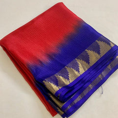 Two Dye Organza Net Temple Border Bhagalpuri Saree (Red & Duke_Blue) - View 4