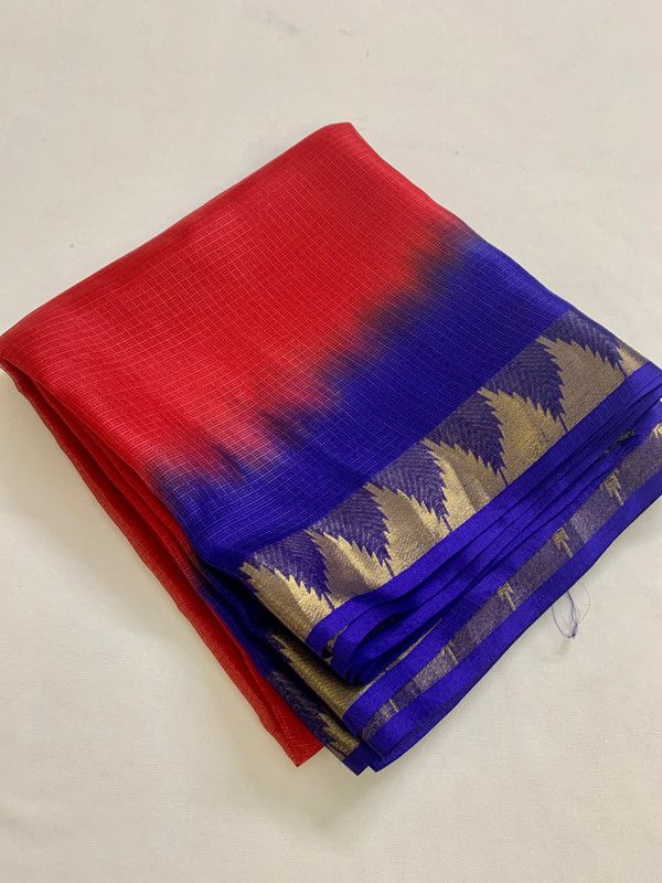 Two Dye Organza Net Temple Border Bhagalpuri Saree (Red & Duke_Blue) - View 4