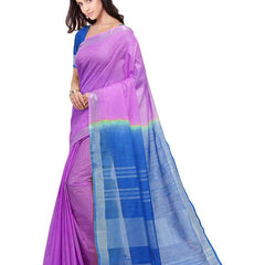 Heliotrope Pink & Azure Cyan women's Bhagalpuri Handloom Linen Cotton Blend Two Dye Saree With Running Unstitched Blouse Piece - View 2