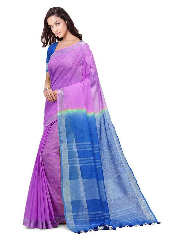 Heliotrope Pink & Azure Cyan women's Bhagalpuri Handloom Linen Cotton Blend Two Dye Saree With Running Unstitched Blouse Piece - View 2