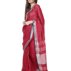 Cardinal Red women's Bhagalpuri Handloom Cotton Linen Blend Saree With Contrast Unstiched Blouse Piece - View 2