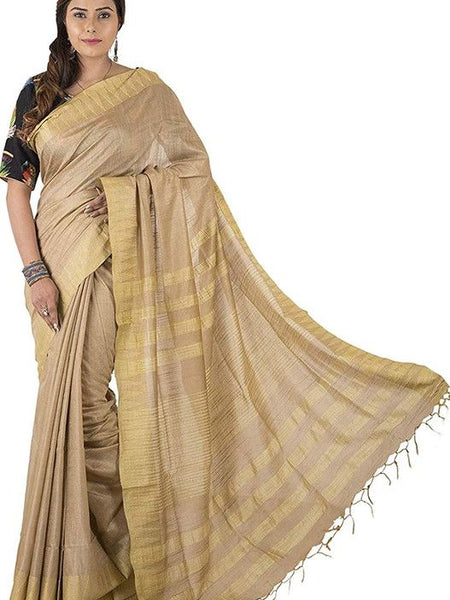 Camel Brown women's Bhagalpuri Handloom Kota Silk Temple Border Saree And Variation Of Colors With Striped Blouse Piece