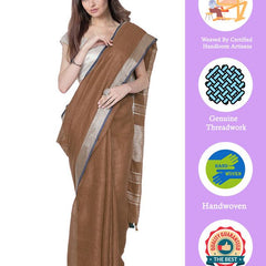 Brown women's Bhagalpuri Handloom Cotton Linen Blend Saree With Contrast Unstiched Blouse Piece - View 2