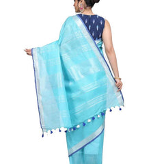 Handloom Linen Cotton Blend Contrast Bhagalpuri Saree for Women (Cyan-Blue) - View 2