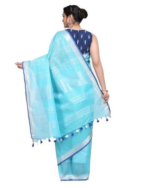Handloom Linen Cotton Blend Contrast Bhagalpuri Saree for Women (Cyan-Blue) - View 2
