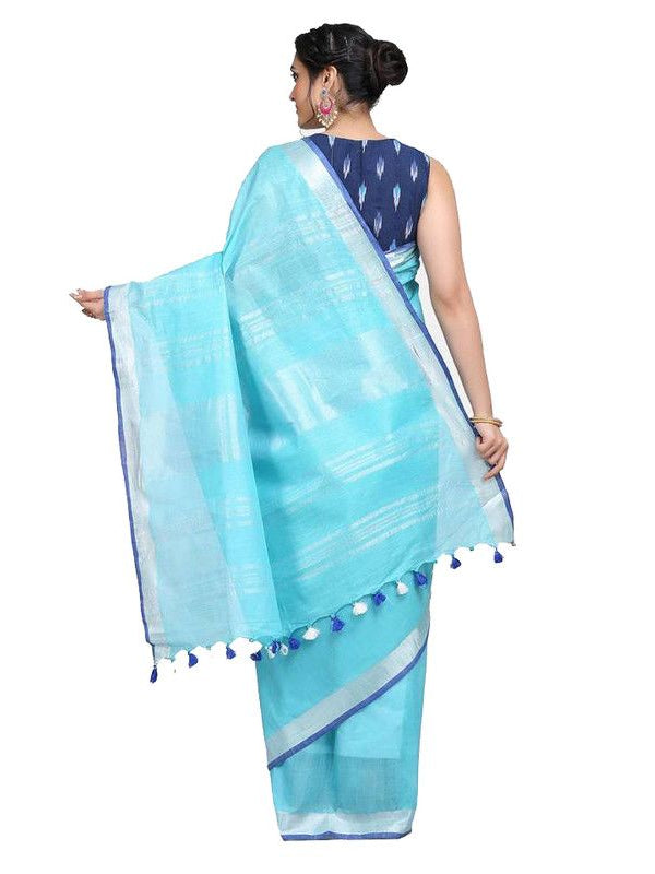 Handloom Linen Cotton Blend Contrast Bhagalpuri Saree for Women (Cyan-Blue) - View 2