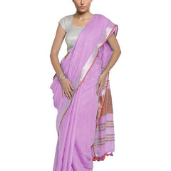 Plum Pink-Red women's Bhagalpuri Handloom Cotton Linen Blend Contrast Pallu Saree And Unstitched Contrast Blouse Piece