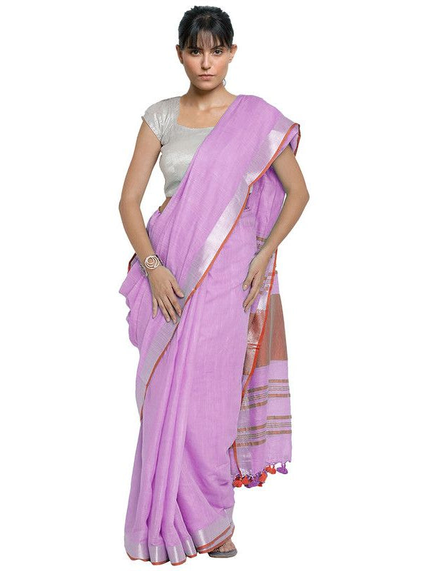 Plum Pink-Red women's Bhagalpuri Handloom Cotton Linen Blend Contrast Pallu Saree And Unstitched Contrast Blouse Piece