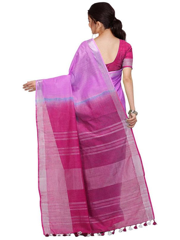 Orchid Magenta & Raspberry Pink women's Handloom Bhagalpuri Cotton Slub Blend Two Dye Saree With Running Unstitched Blouse Piece - View 4