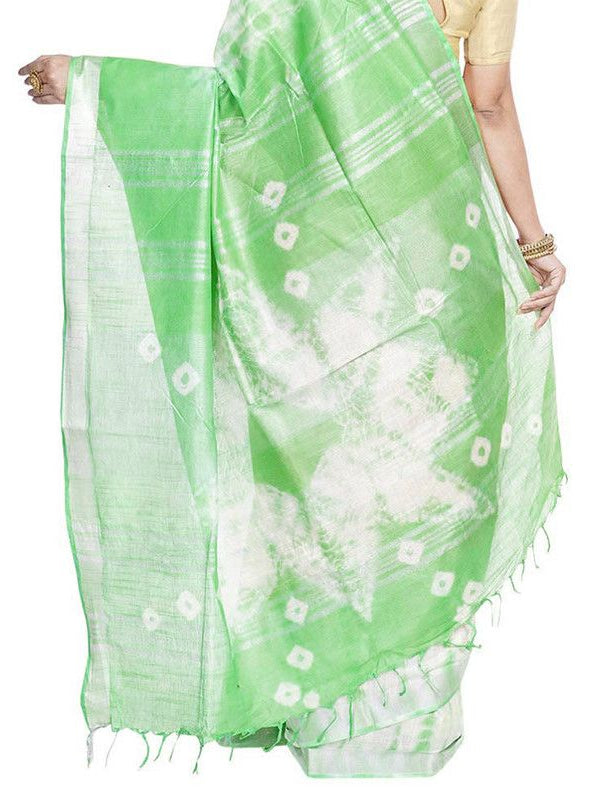 Xanthous Orange & Light Green women's Bhagalpuri Handloom Cotton Linen Slub Blend Tie Two Dye (Sibory Two Dye) Saree With Running Unstitched Blouse Piece - View 6