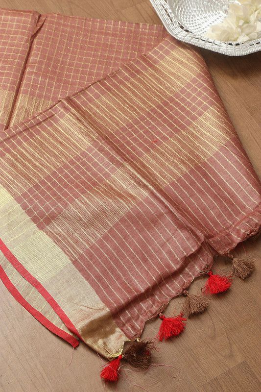 Handloom Linen Cotton Blend Bhagalpuri Check Saree with Contrast Blouse Piece - View 6