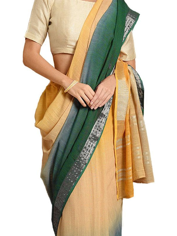 Sunglow Yellow & Dark Spring Green women's Bhagalpuri Handloom Linen Slub Blend Two Dye Saree With Running Unstitched Blouse Piece - View 3