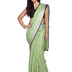 Pistachio Green women's Bhagalpuri Blend Linen Saree With Black Pipine Contrast Blouse Piece