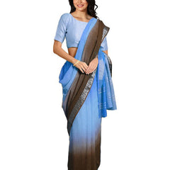 Cyan & Coffee Brown women's Bhagalpuri Handloom Linen Cotton Blend Two Dye Saree With Running Unstitched Blouse Piece