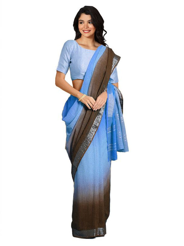Cyan & Coffee Brown women's Bhagalpuri Handloom Linen Cotton Blend Two Dye Saree With Running Unstitched Blouse Piece