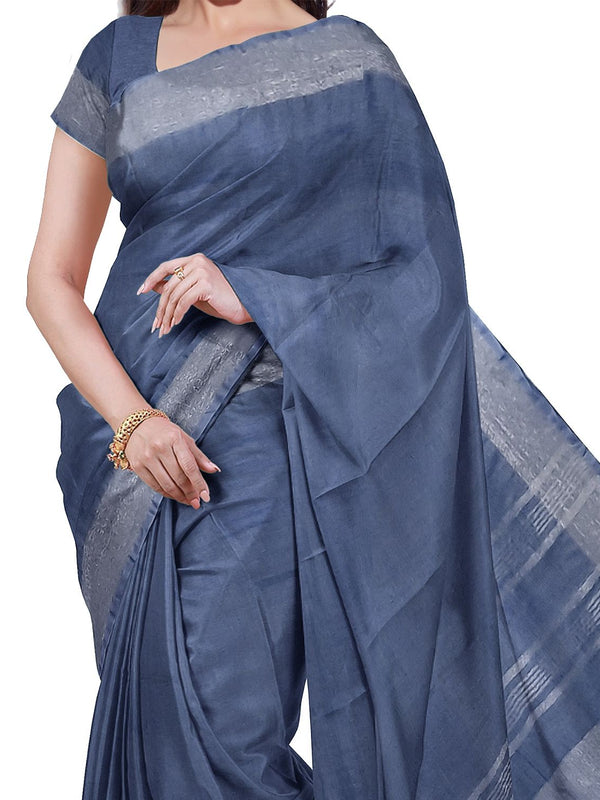 Bhagalpuri Handloom Cotton-Linen Blend Saree With Running Unstiched Blouse Piece (Lake_Grey & Mint_Green) - View 5