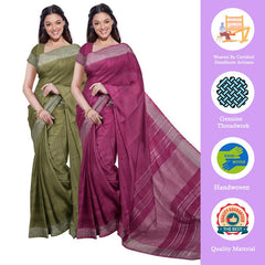 Moss Green & Raspberry Pink women's Bhagalpuri Handloom Cotton-Linen Blend Saree Combo (Pack Of 2) With Running Unstiched Blouse Piece - View 2