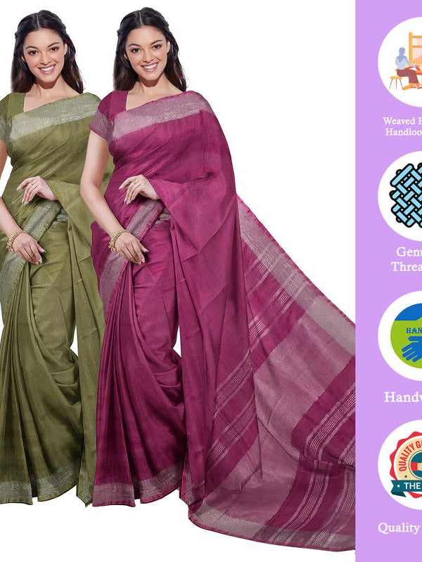 Moss Green & Raspberry Pink women's Bhagalpuri Handloom Cotton-Linen Blend Saree Combo (Pack Of 2) With Running Unstiched Blouse Piece - View 2