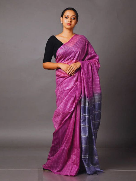 Two Dye Handloom Bhagalpuri Striped Semi Tussar Silk Saree (Madin_Magenta & Martinie_Blue)