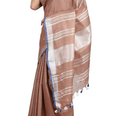 Women's Bhagalpuri Handloom Linen-Slub Saree With Contrast Blouse Piece (Sugar_Brown-Blue) - View 5