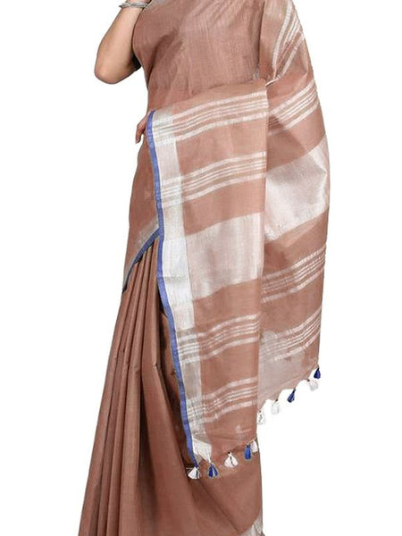 Women's Bhagalpuri Handloom Linen-Slub Saree With Contrast Blouse Piece (Sugar_Brown-Blue) - View 5