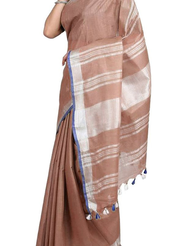 Women's Bhagalpuri Handloom Linen-Slub Saree With Contrast Blouse Piece (Sugar_Brown-Blue) - View 5