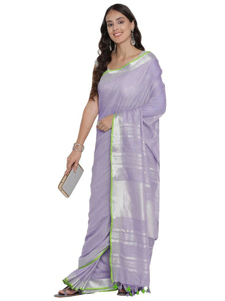 Mauve Purple women's Bhagalpuri Handloom Cotton Linen Blend Saree With Contrast Unstiched Blouse Piece - View 3