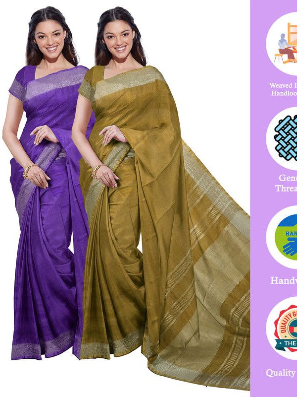 French Violet & Olive Green women's Bhagalpuri Handloom Cotton-Linen Blend Saree Combo (Pack Of 2) With Running Unstiched Blouse Piece - View 2