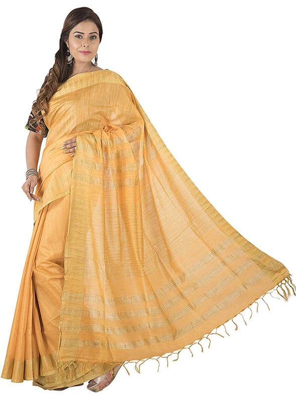 Yellow-Gold women's Bhagalpuri Handloom Kota Silk Temple Border Saree And Variation Of Colors With Striped Blouse Piece - View 2
