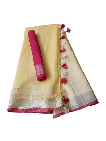 Handloom Bhagalpuri Linen Cotton Blend Contrast Border Saree for Women (12645 Strew_Creame-Pink) - View 2