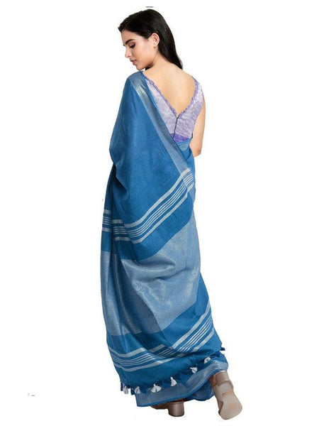 California Blue women's Bhagalpuri Handloom Blend Linen-Cotton Saree With Running Unstiched Blouse Piece_Free Size_Variation Of Colors - View 3