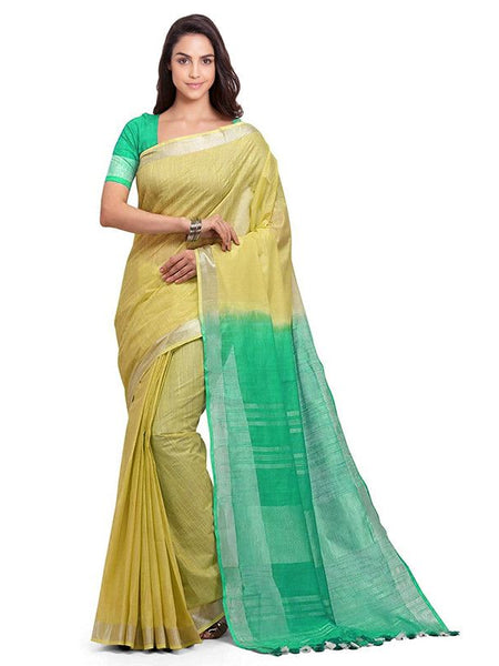 Sunflower Yellow & Aquamarine Turquoise women's Handloom Bhagalpuri Cotton Linen Blend Two Dye Saree With Running Unstitched Blouse Piece