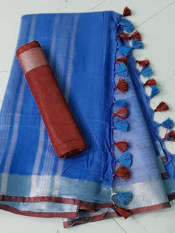 Handloom Bhagalpuri Linen Cotton Blend Contrast Border Saree for Women (12640 Neon_Blue-Red)