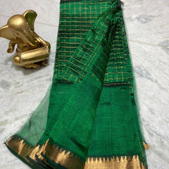 Bhagalpuri Handloom Cotton Silk Check Half Body Saree for women's (British_Green)