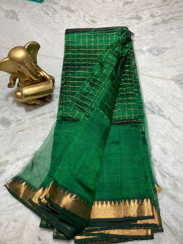 Bhagalpuri Handloom Cotton Silk Check Half Body Saree for women's (British_Green)