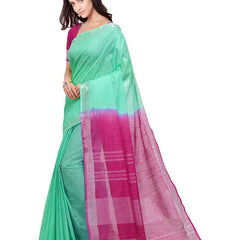 Aquamarine Turquoise & Raspberry Pink women's Handloom Bhagalpuri Linen Cotton Slub Blend Two Dye Saree With Running Unstitched Blouse Piece - View 2