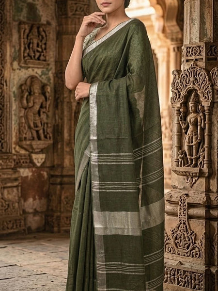 Handwoven Linen Blend Saree With Running Blouse Piece(Mehendi Green) - View 2
