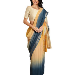 Sunglow Yellow & Cerulean Blue women's Bhagalpuri Handloom Linen Slub Blend Two Dye Saree With Running Unstitched Blouse Piece - View 2