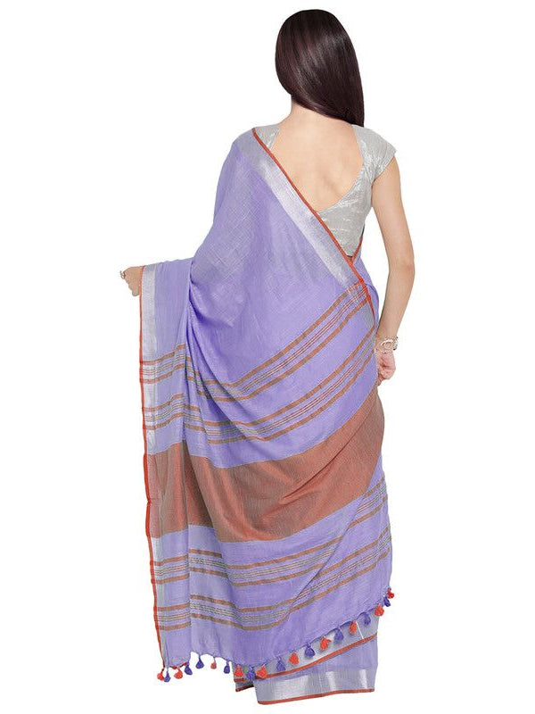 Lavener Purple-Red women's Bhagalpuri Handloom Cotton Linen Blend Contrast Pallu Saree And Unstitched Contrast Blouse Piece - View 4