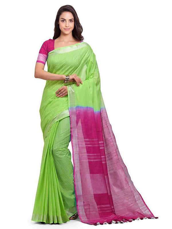 Chartreuse Green & Raspberry Pink women's Bhagalpuri Handloom Linen Cotton Blend Two Dye Saree With Running Unstitched Blouse Piece