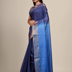 Munga Silk Tussar Blend Bhagalpuri Handloom Moonstone Egyptian Blue & Havlek Blue Saree - View 4