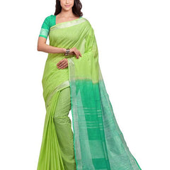 Lawn Green & Aquamarine Turquoise women's Handloom Bhagalpuri Cotton Slub Blend Two Dye Saree With Running Unstitched Blouse Piece
