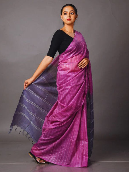 Two Dye Handloom Bhagalpuri Striped Semi Tussar Silk Saree (Madin_Magenta & Martinie_Blue) - View 2