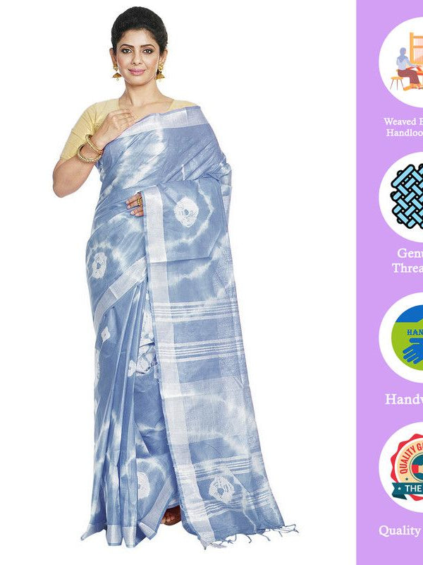 Powder Blue women's Bhagalpuri Handloom Linen Blend Tie-Dye (Sibory Dye) Saree With Running Unstiched Blouse Piece - View 2