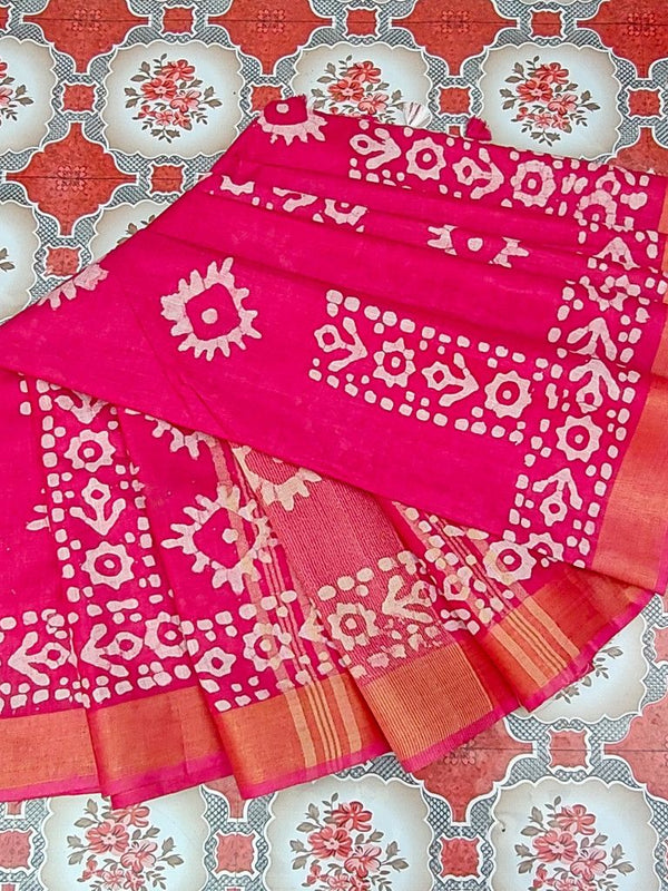 Blend Linen Cotton Handloom Batik Print Saree (GLBR_Gold-Deep_Pink) - View 8