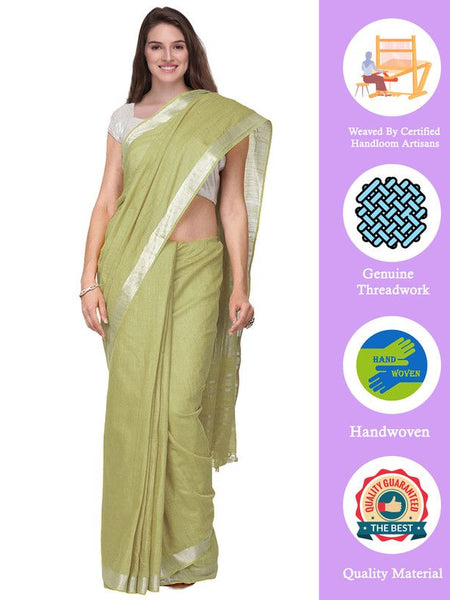 Khaki Green women's Handloom Bhagalpuri Cotton Linen Slub Blend Zari Border Saree Ethnic Wear With Running Unstitched Blouse Piece - View 2