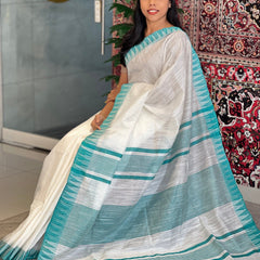 Turquoise women's Bhagalpuri Kota Viscous Temple Border White Saree And Variable Color Border With Blouse Piece - View 2