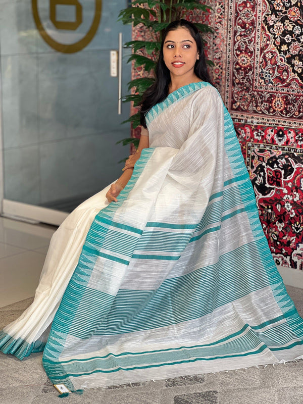 Turquoise women's Bhagalpuri Kota Viscous Temple Border White Saree And Variable Color Border With Blouse Piece - View 2